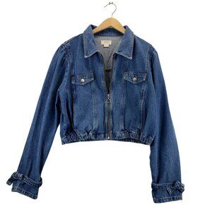 Maeve Denim Jacket Anthropologie Puff Sleeve Blue XL 80s Style Tie Wrist Moto